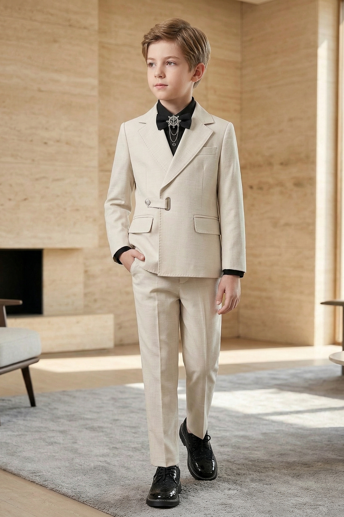 Beige Design Button-Down Suit 2-Piece Set