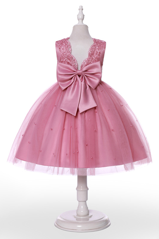 Rose Pink Lace Mesh Bow Dress