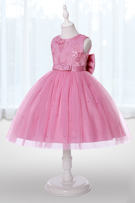 Rose Pink Lace Mesh Bow Dress