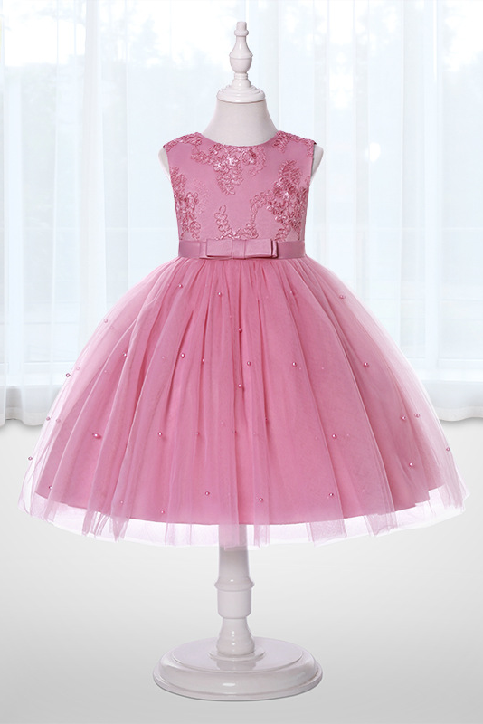 Rose Pink Lace Mesh Bow Dress