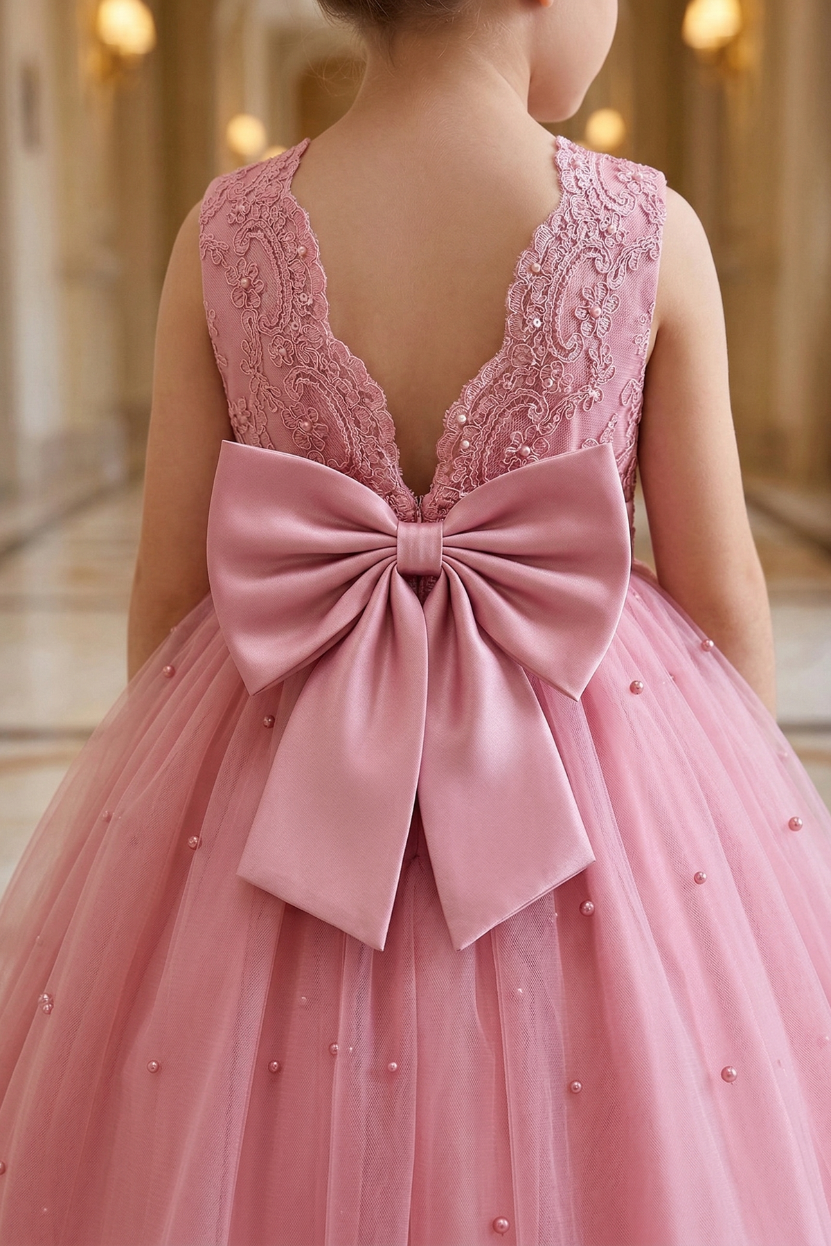 Rose Pink Lace Mesh Bow Dress
