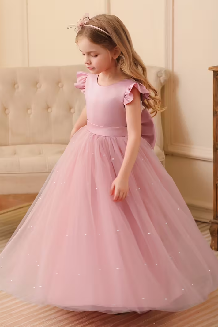 Satin Mesh Bow Pearl Dress