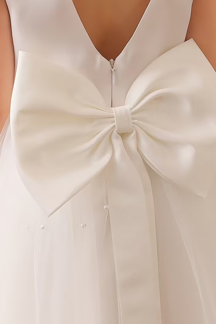 Satin Mesh Bow Pearl Dress