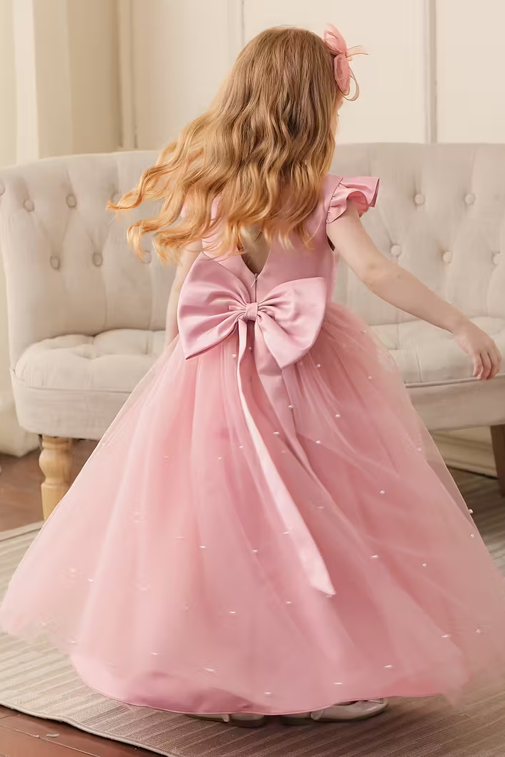 Satin Mesh Bow Pearl Dress
