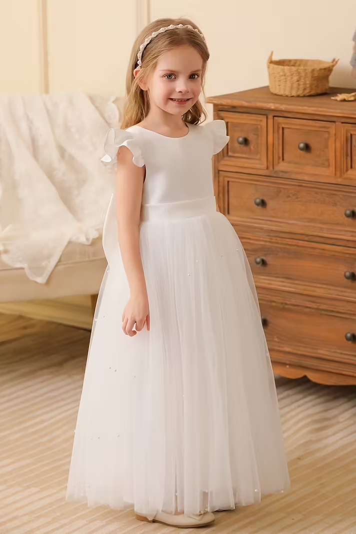 Satin Mesh Bow Pearl Dress