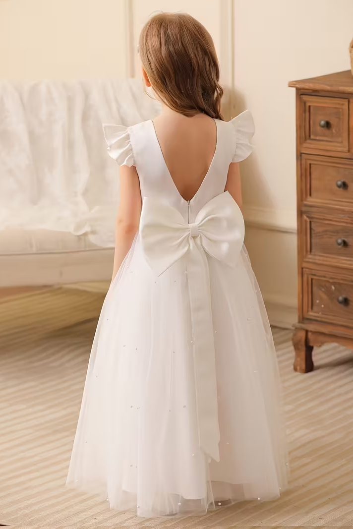 Satin Mesh Bow Pearl Dress
