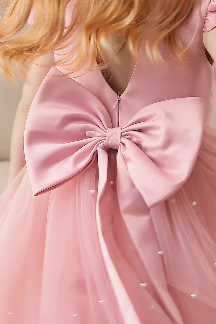 Satin Mesh Bow Pearl Dress