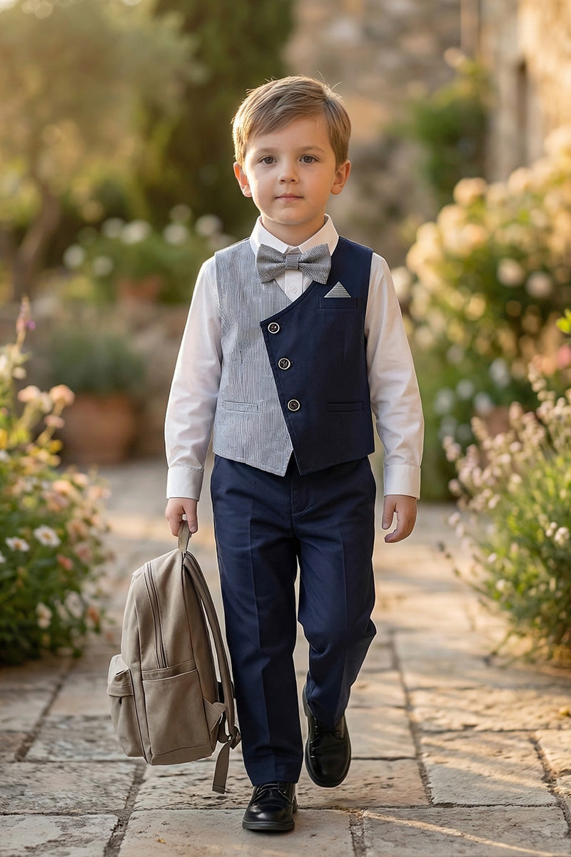 Boys Two-Tone Contrast Vest & Navy Trousers Set