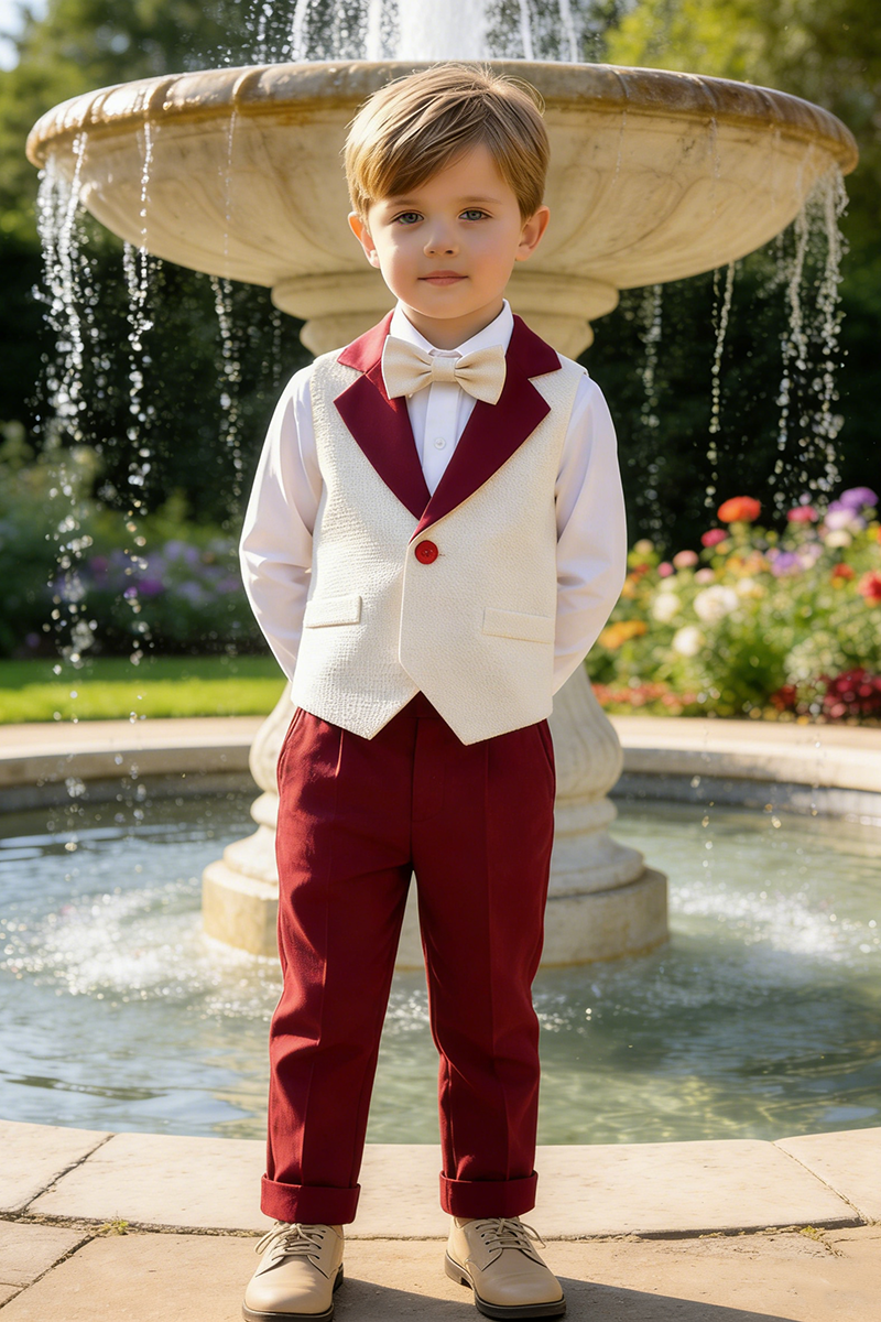 Boys Ivory Contrast Vest & Burgundy Trousers Set
