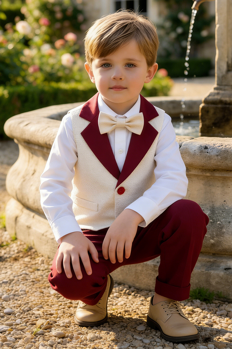 Boys Ivory Contrast Vest & Burgundy Trousers Set