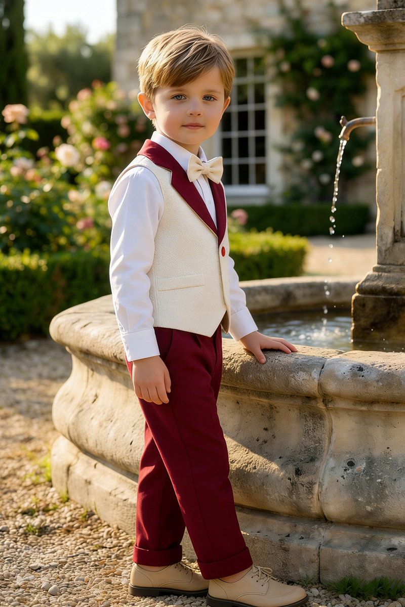 Boys Ivory Contrast Vest & Burgundy Trousers Set