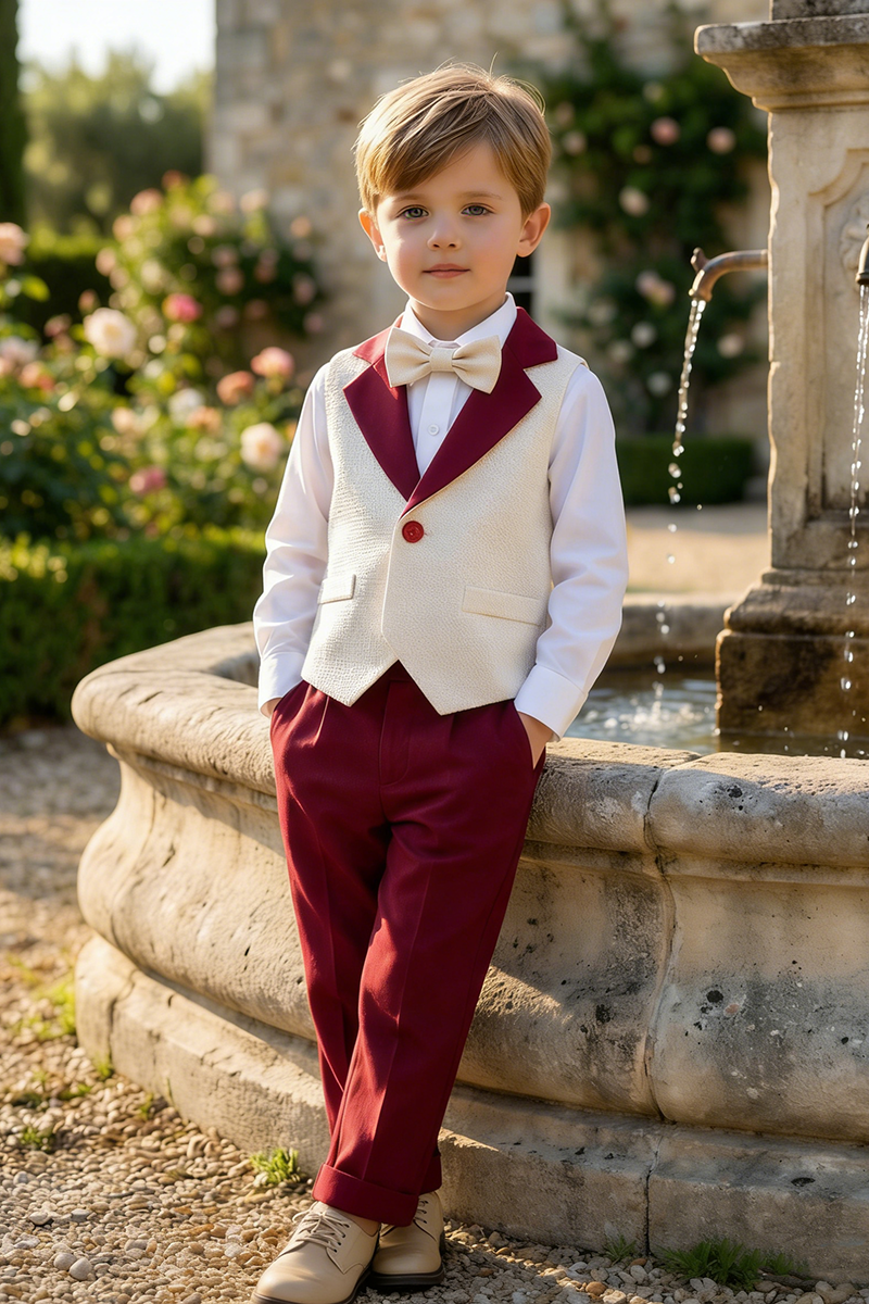 Boys Ivory Contrast Vest & Burgundy Trousers Set