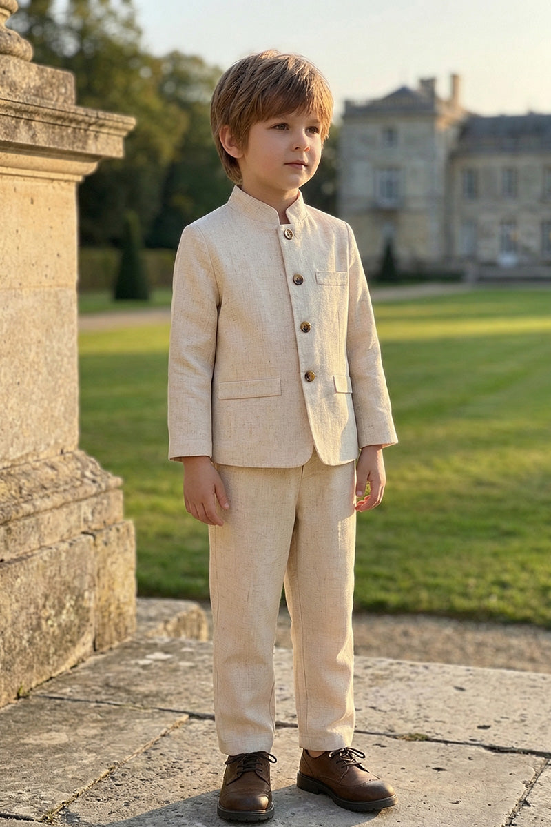 Boys Beige Linen Mandarin Collar 2-Piece Suit