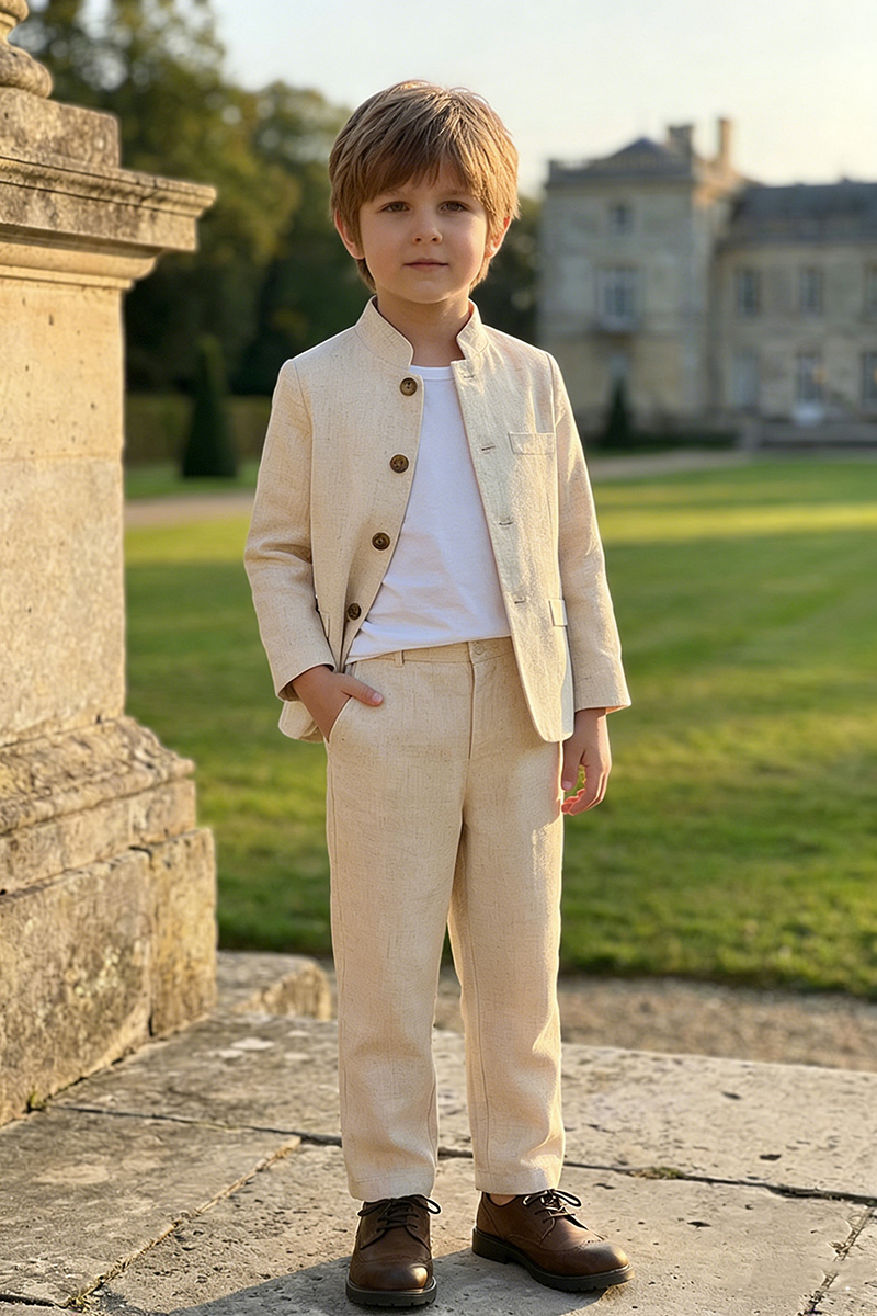 Boys Beige Linen Mandarin Collar 2-Piece Suit