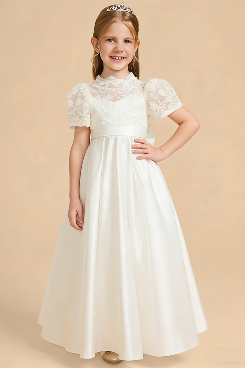 Girls Ivory Lace & Satin Flower Girl Dress