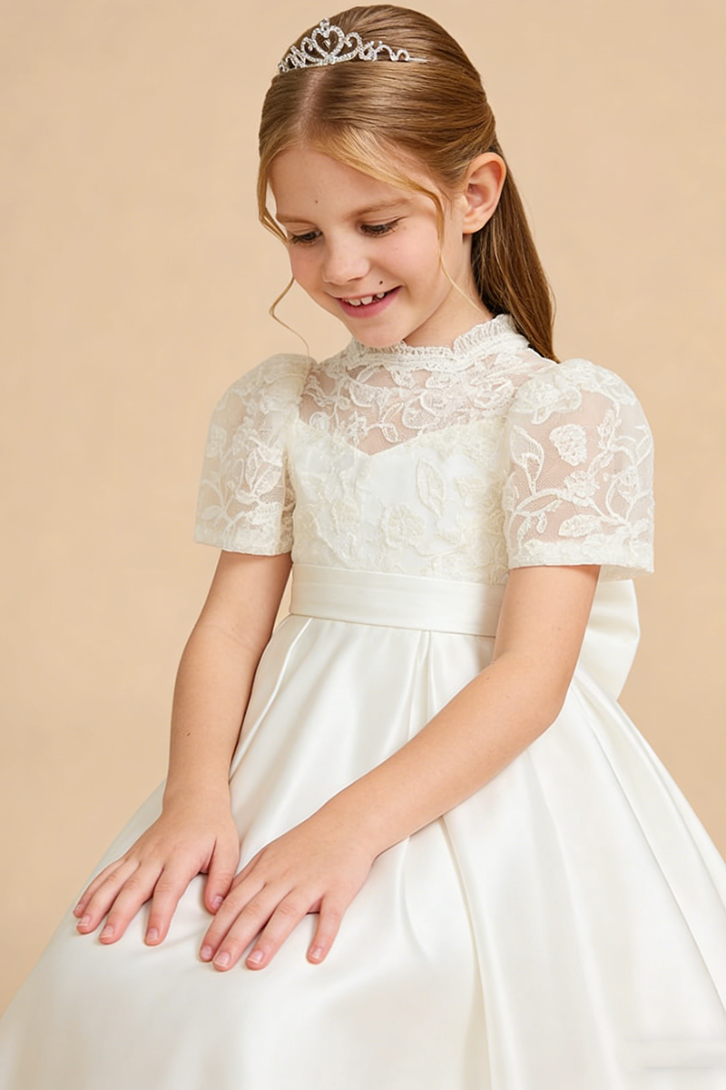 Girls Ivory Lace & Satin Flower Girl Dress