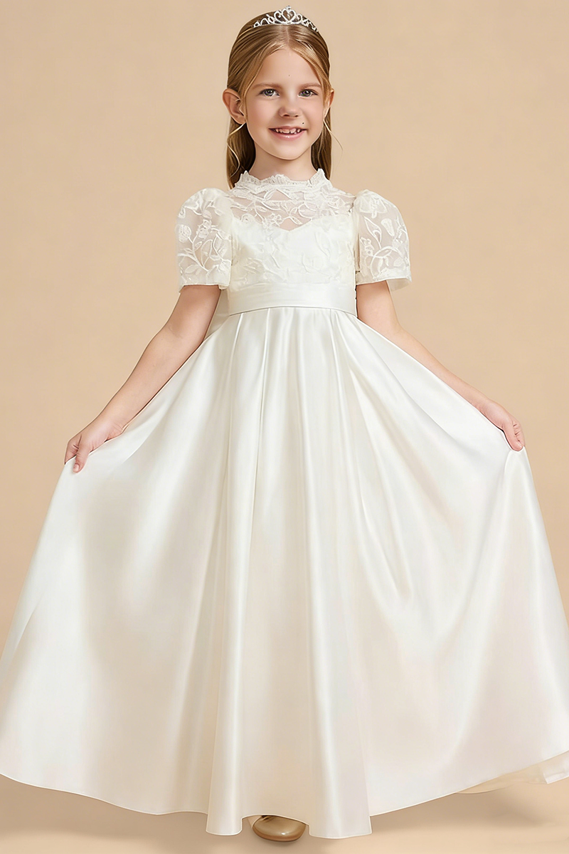 Girls Ivory Lace & Satin Flower Girl Dress