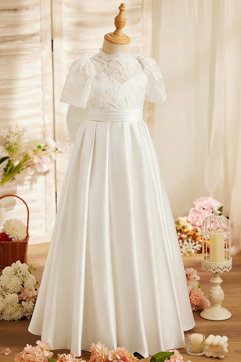 Girls Ivory Lace & Satin Flower Girl Dress