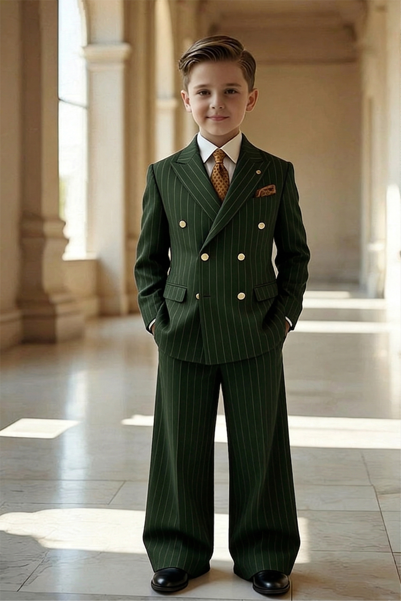 Boys Green Pinstripe Double-breasted 2-piece Suits