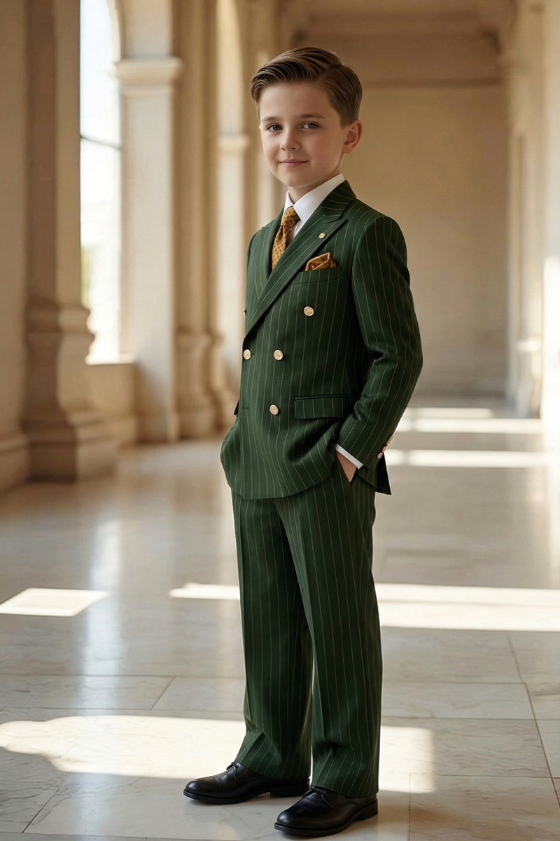 Boys Green Pinstripe Double-breasted 2-piece Suits