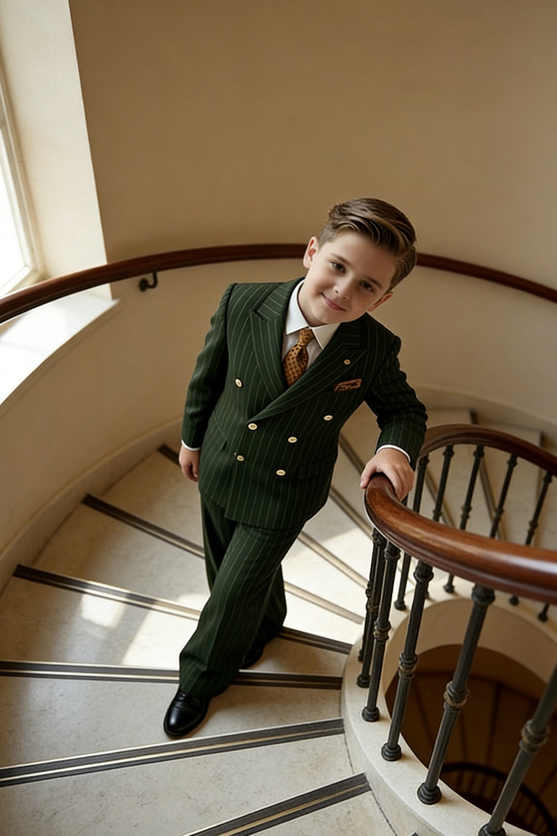 Boys Green Pinstripe Double-breasted 2-piece Suits