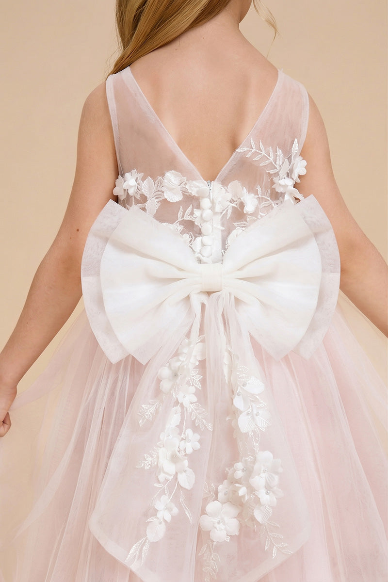 Girls Blush Tulle 3D Floral Flower Girl Dress