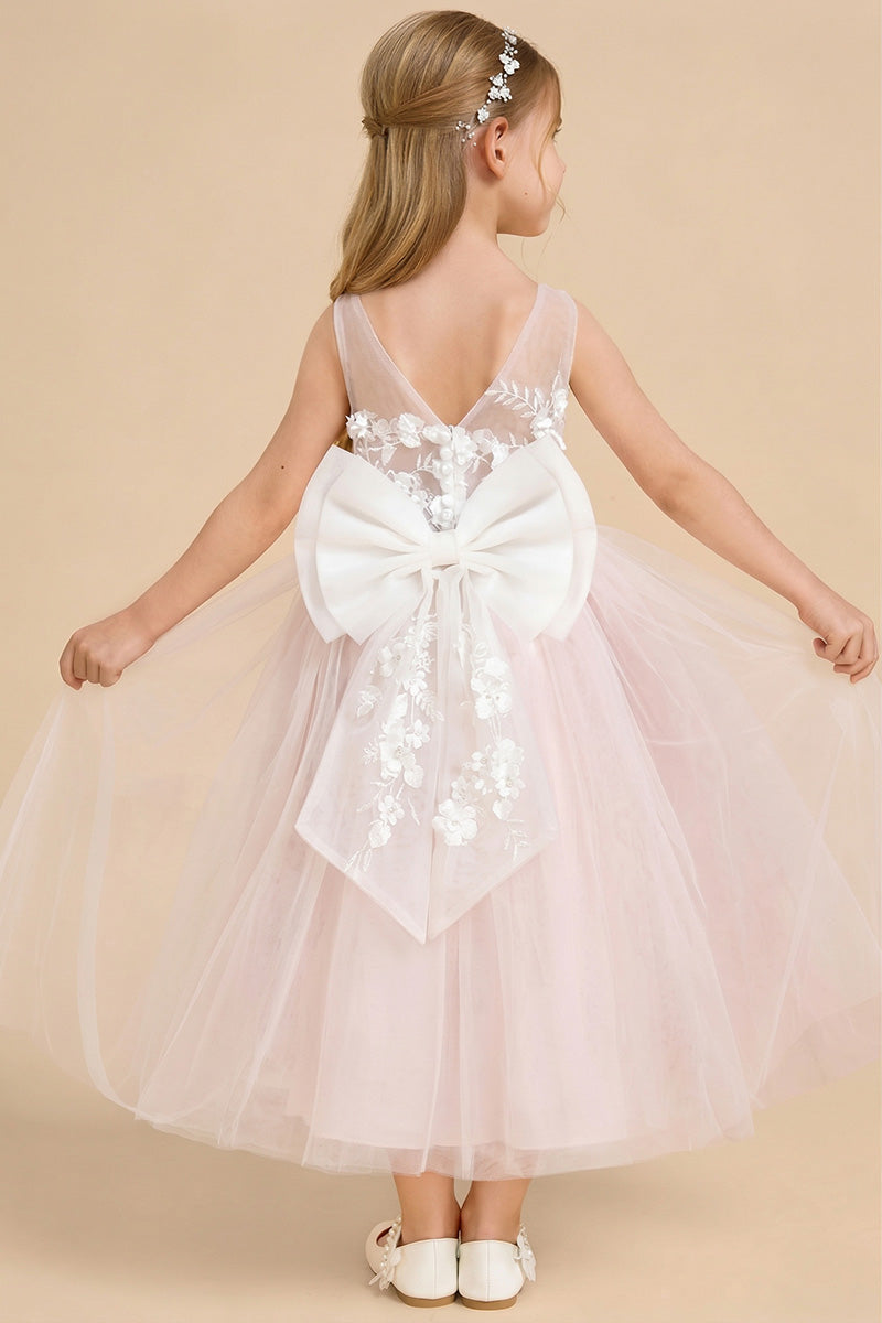 Girls Blush Tulle 3D Floral Flower Girl Dress
