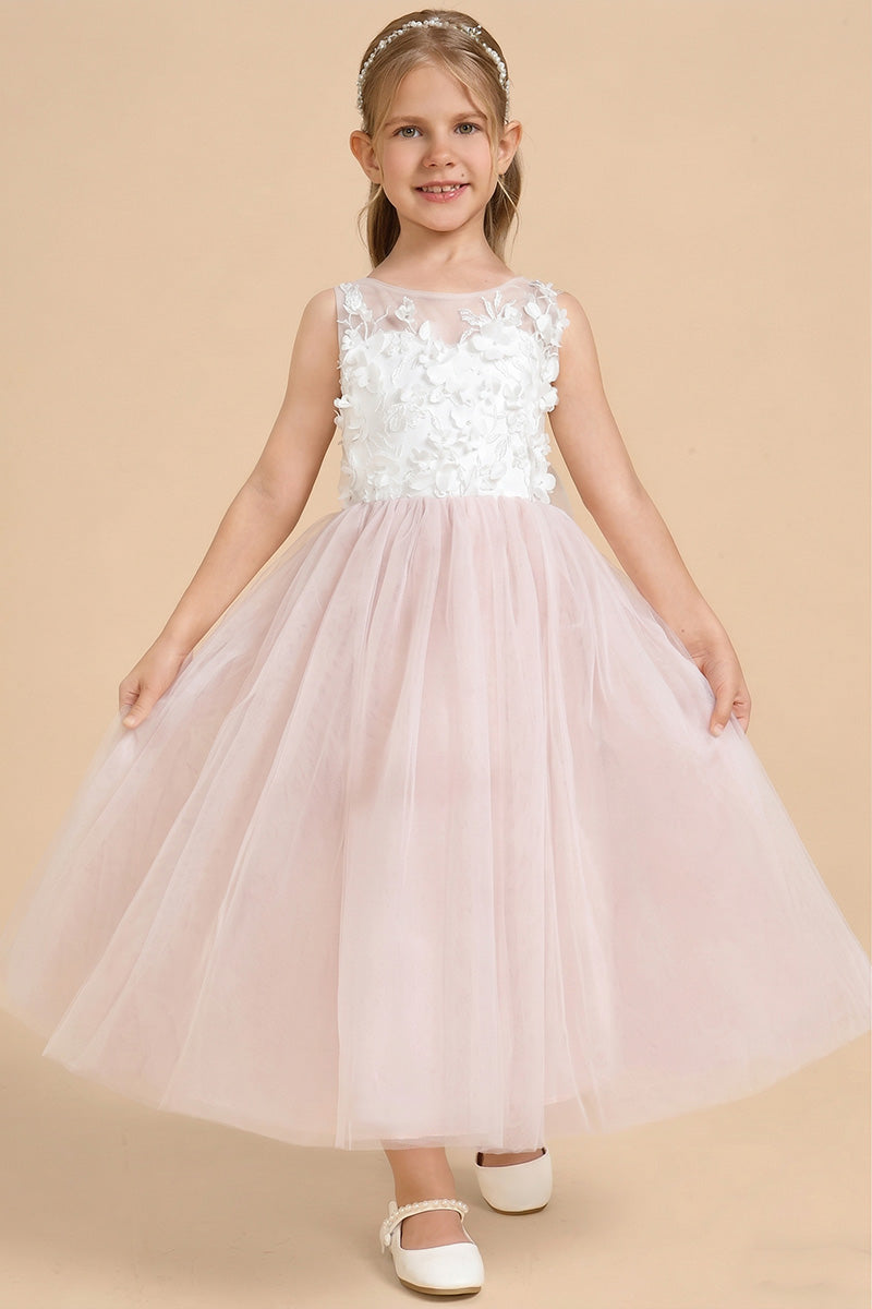 Girls Blush Tulle 3D Floral Flower Girl Dress