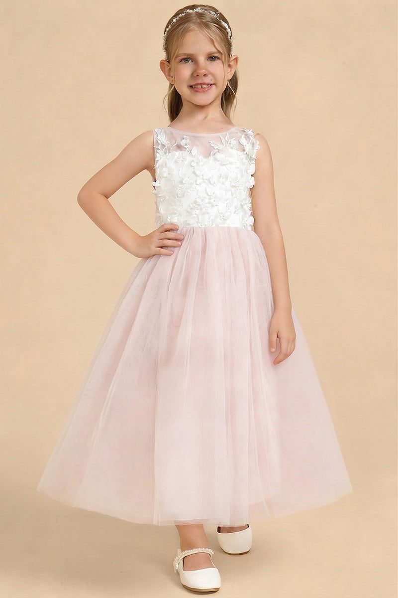 Girls Blush Tulle 3D Floral Flower Girl Dress