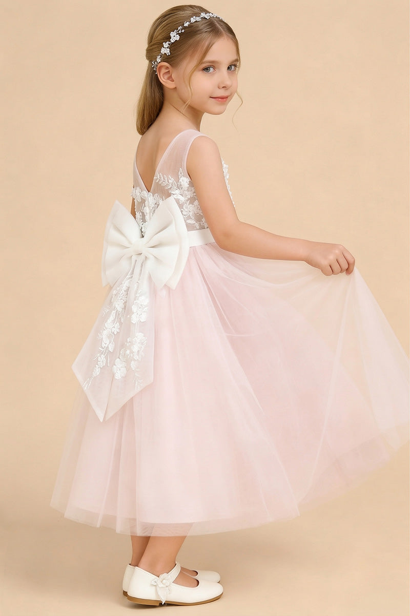 Girls Blush Tulle 3D Floral Flower Girl Dress