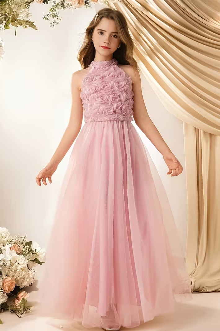 Chiffon Halter Neck Rose A-Line Dress