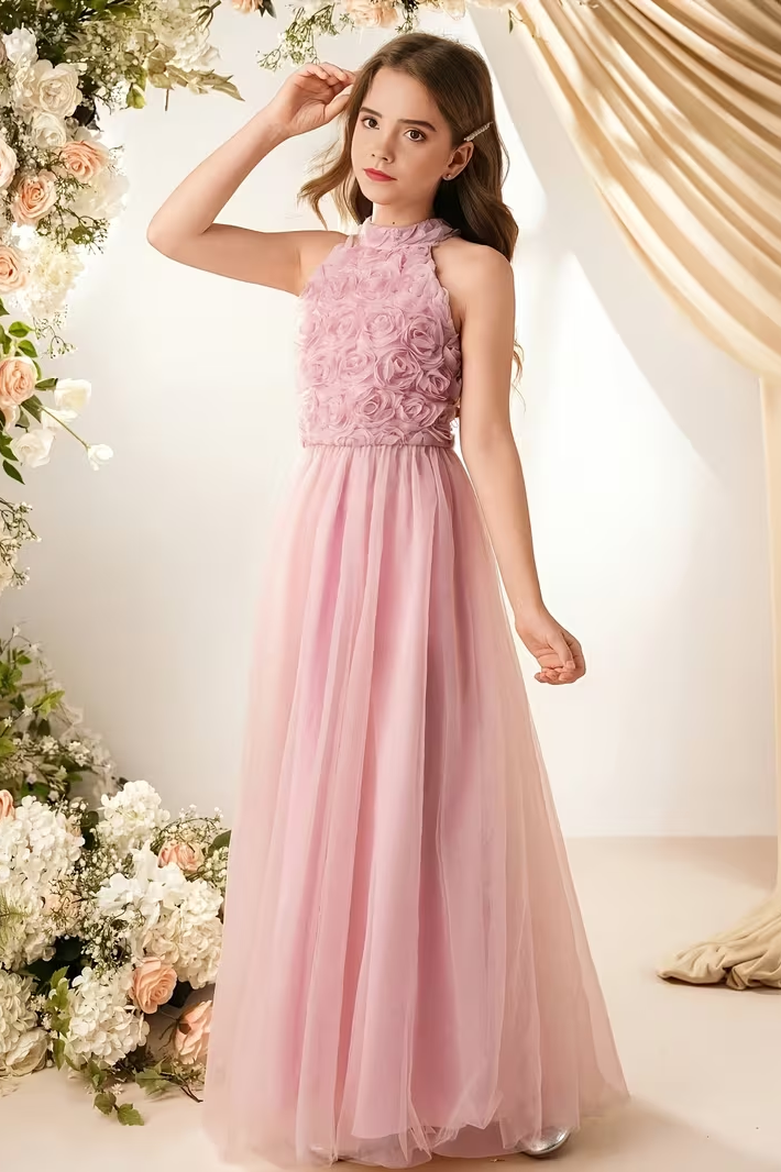 Chiffon Halter Neck Rose A-Line Dress