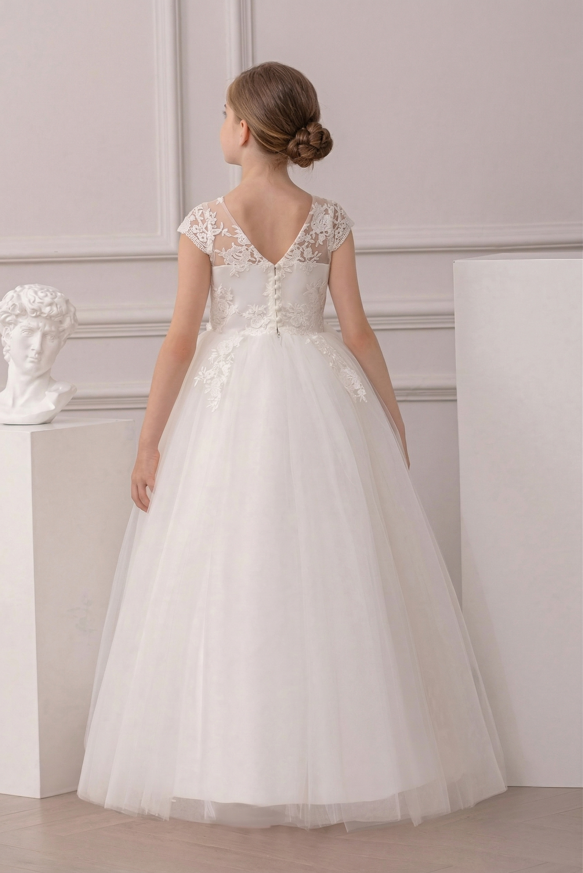 White Lace Mesh Bow-Tie Round Neck Dress