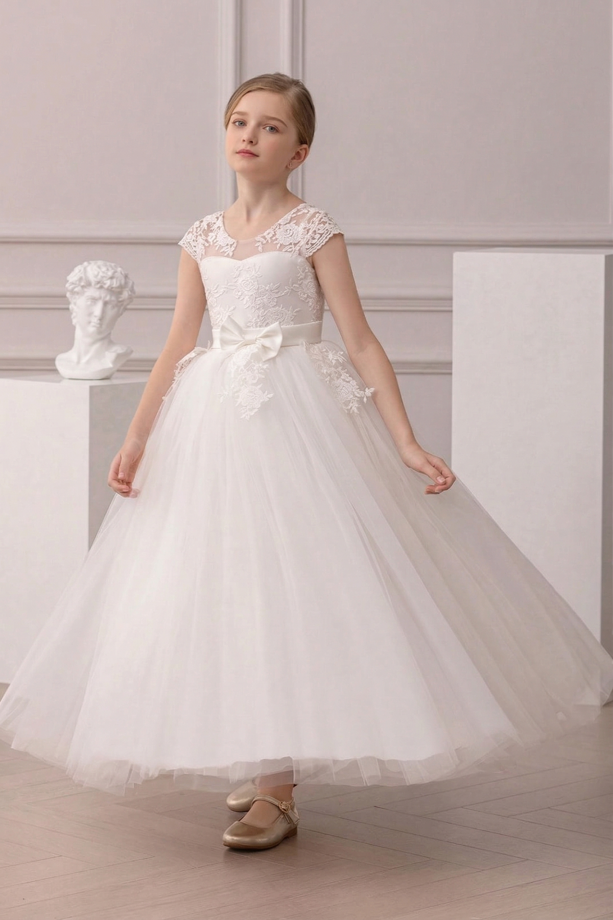 White Lace Mesh Bow-Tie Round Neck Dress