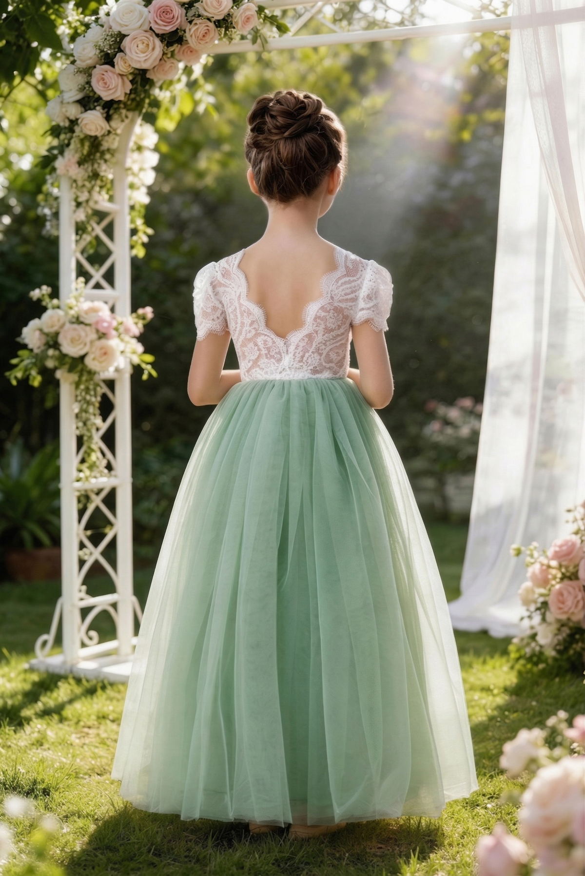 White Lace And Green Mesh Round Neck Dress