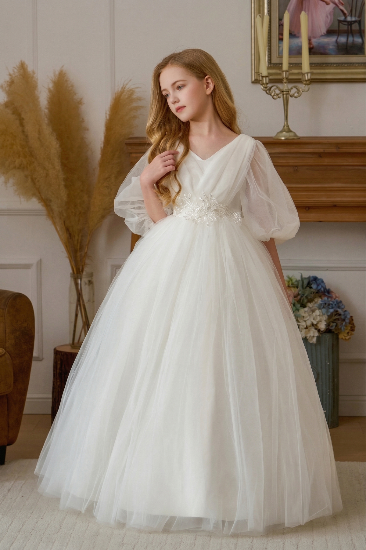 White Chiffon Lace Puff Sleeve Satin Bow Dress