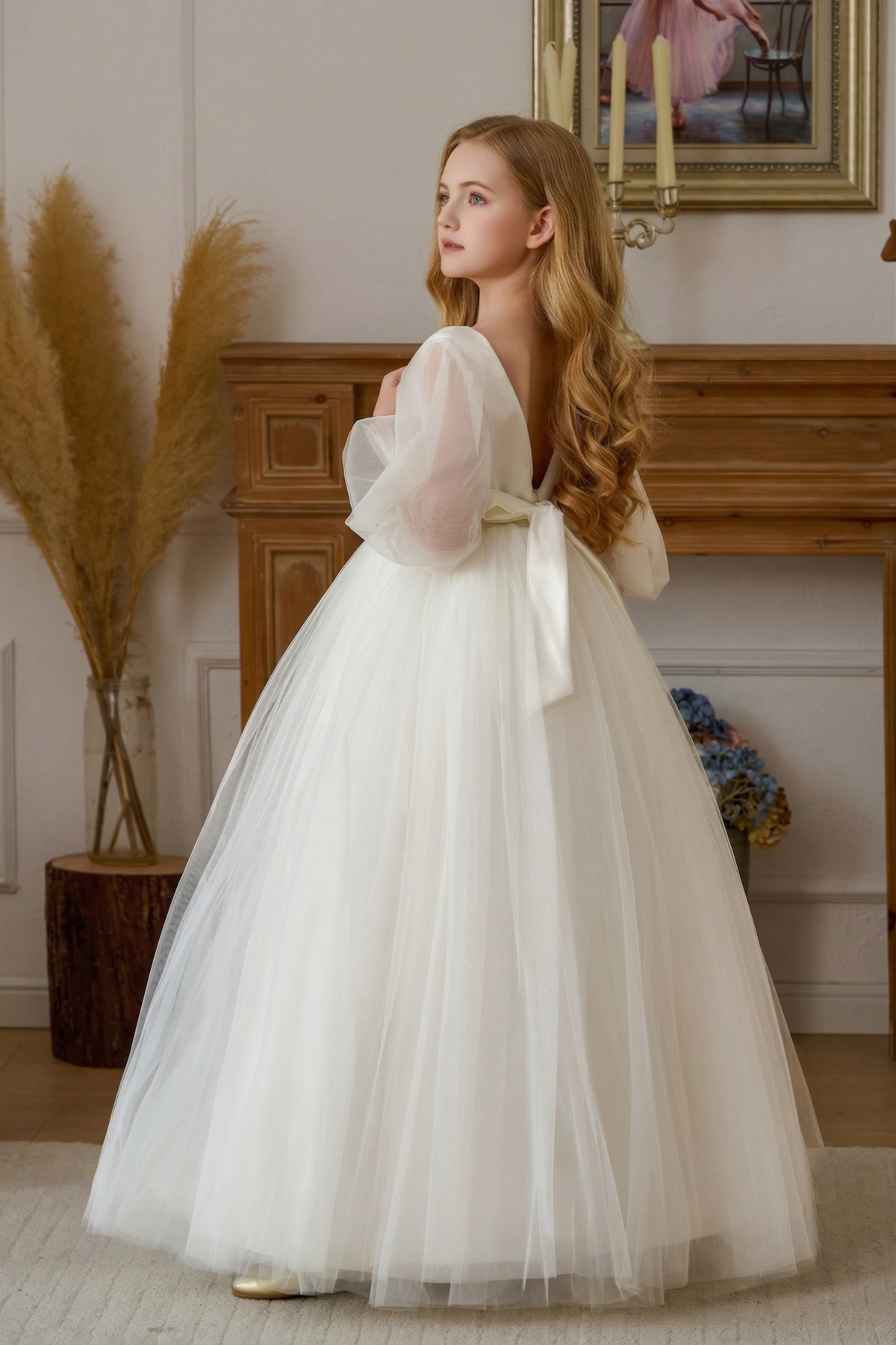 White Chiffon Lace Puff Sleeve Satin Bow Dress