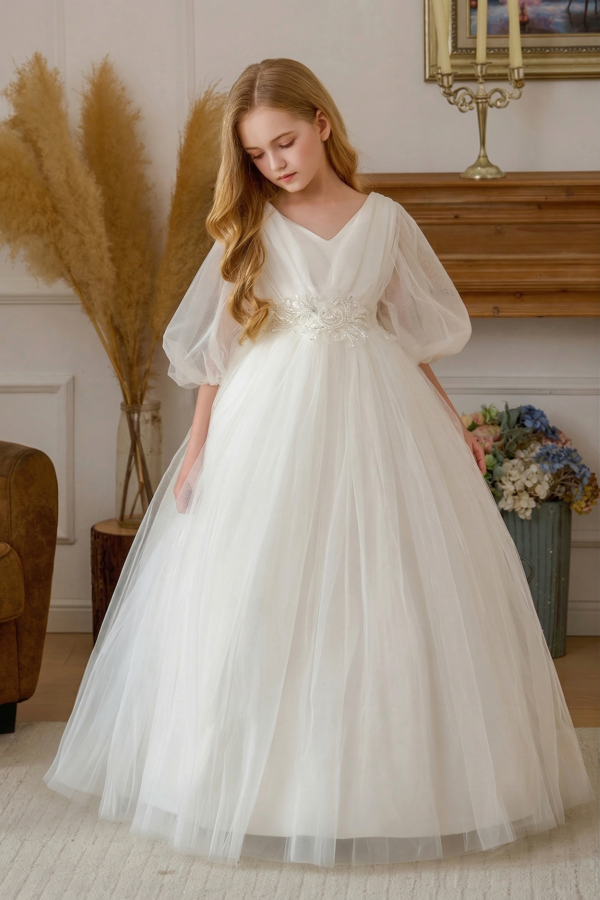 White Chiffon Lace Puff Sleeve Satin Bow Dress