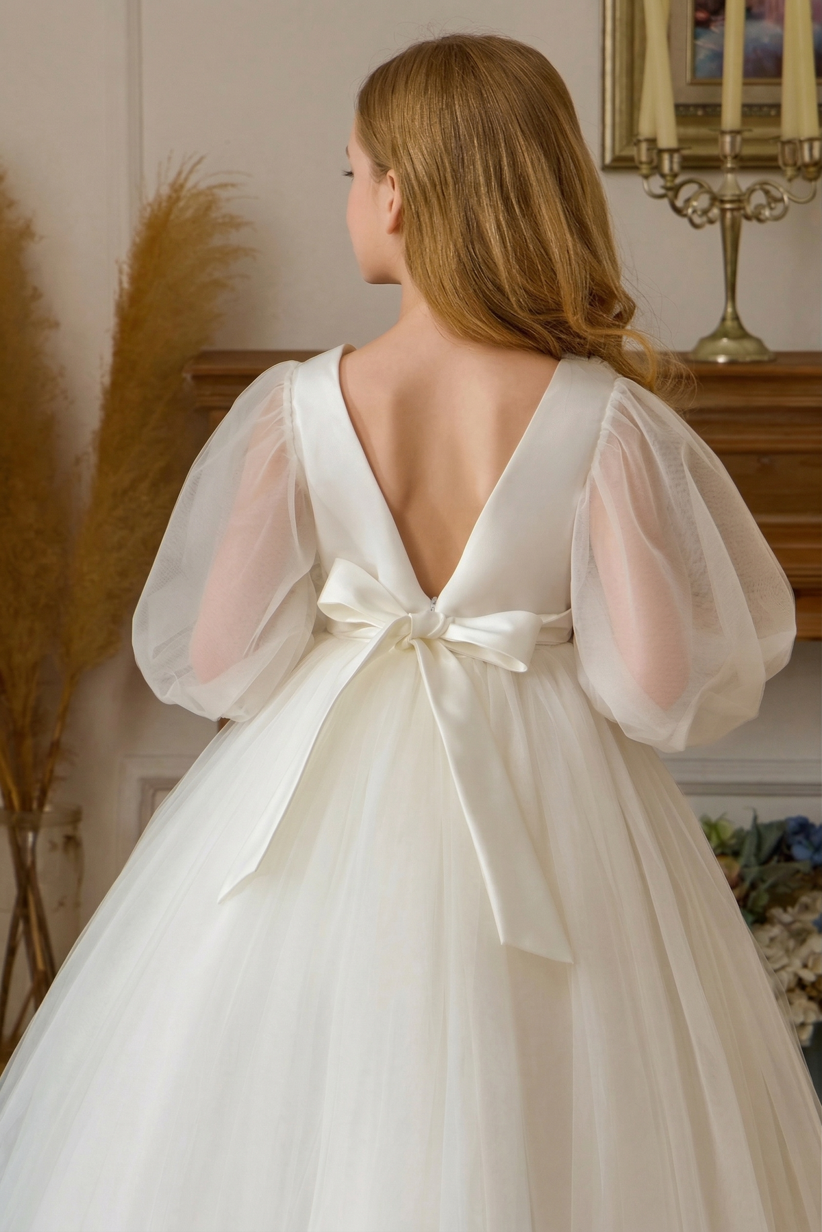 White Chiffon Lace Puff Sleeve Satin Bow Dress