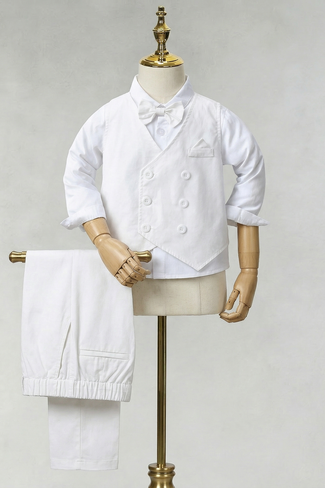 White V-Neck Cotton Linen Double-Breasted 2-Piece Set