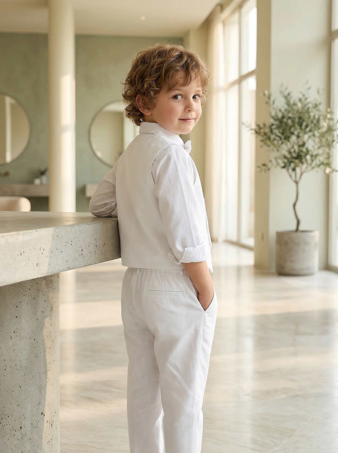 White V-Neck Cotton Linen Double-Breasted 2-Piece Set