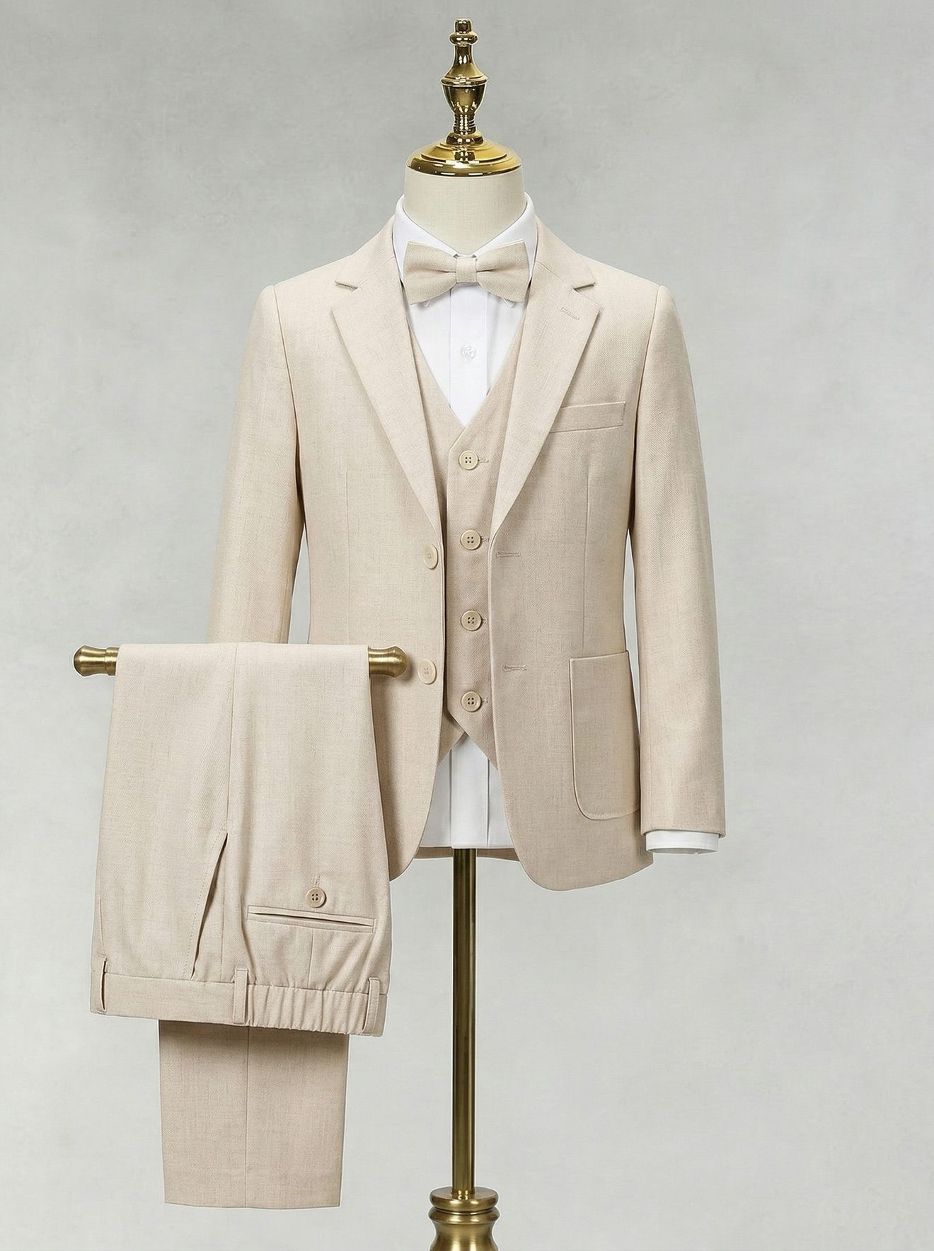 Beige Cotton Linen Single-Breasted 3-Piece Suit