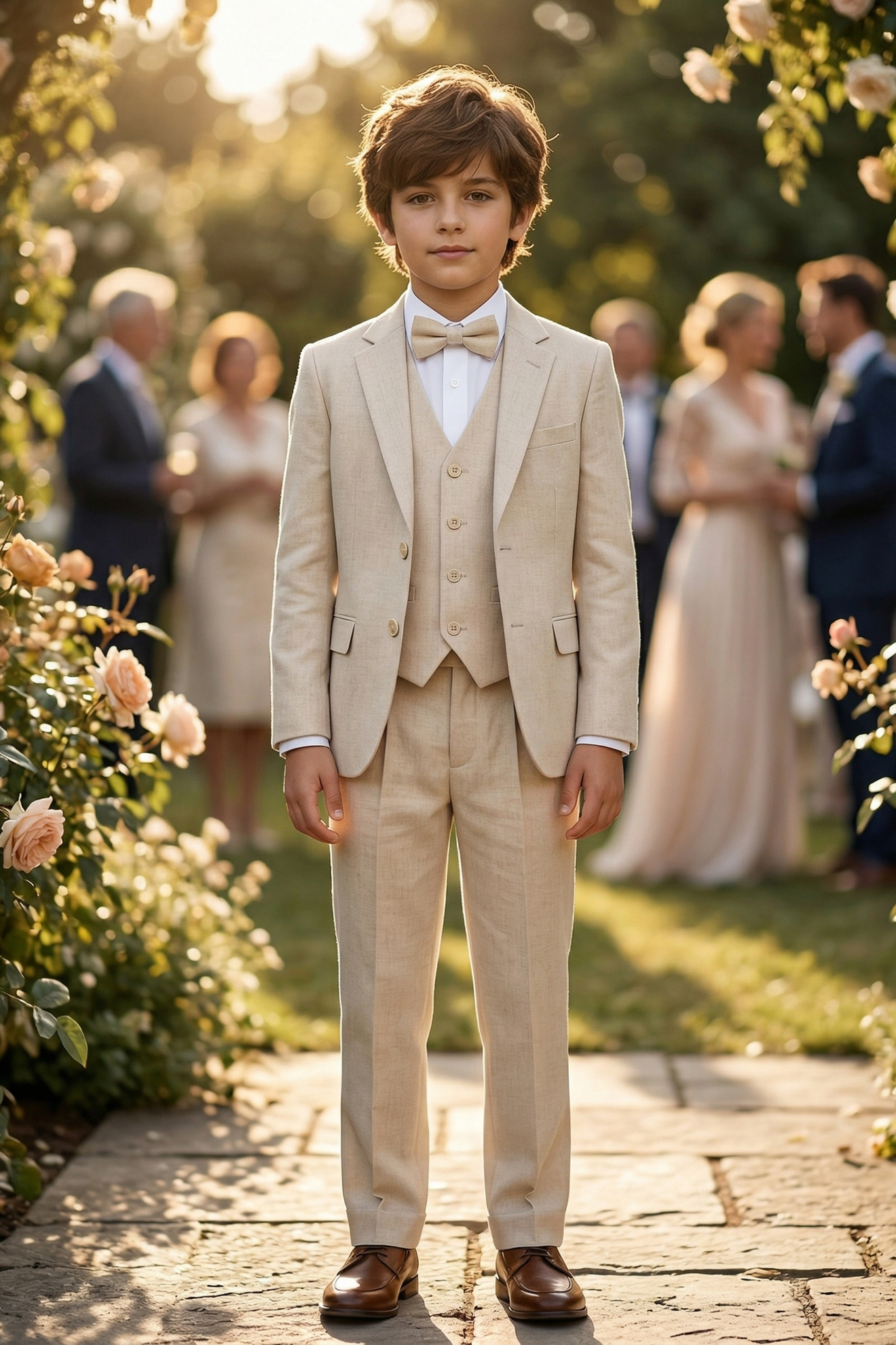 Beige Cotton Linen Single-Breasted 3-Piece Suit