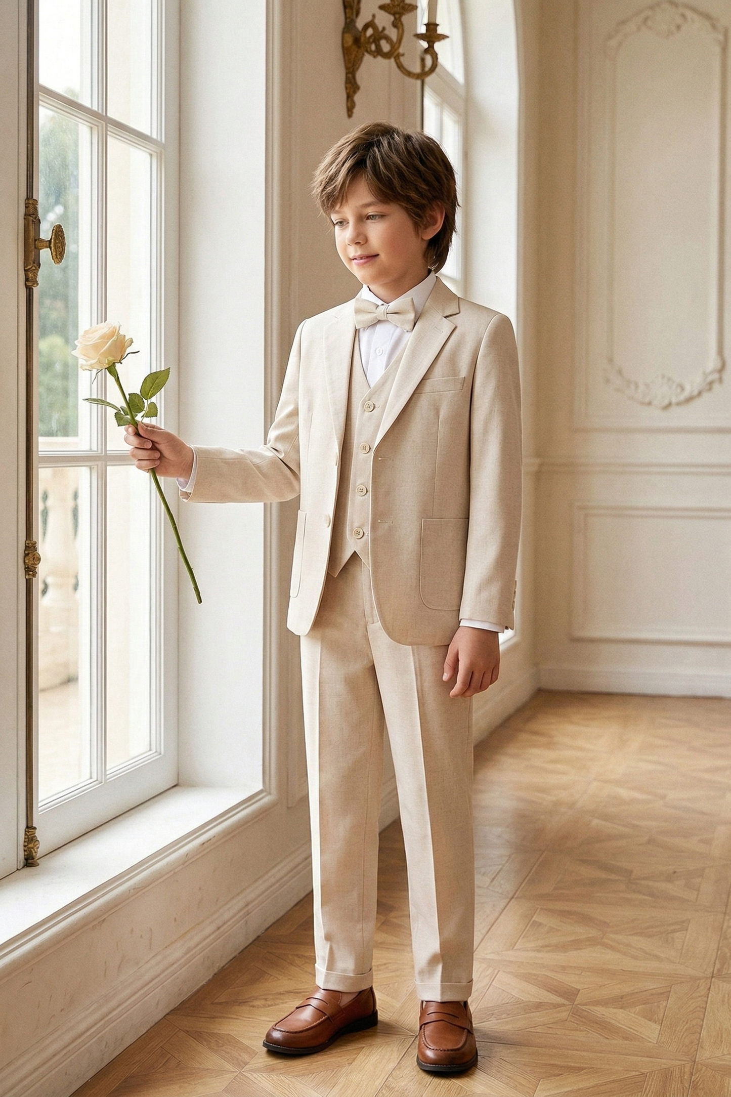 Beige Cotton Linen Single-Breasted 3-Piece Suit