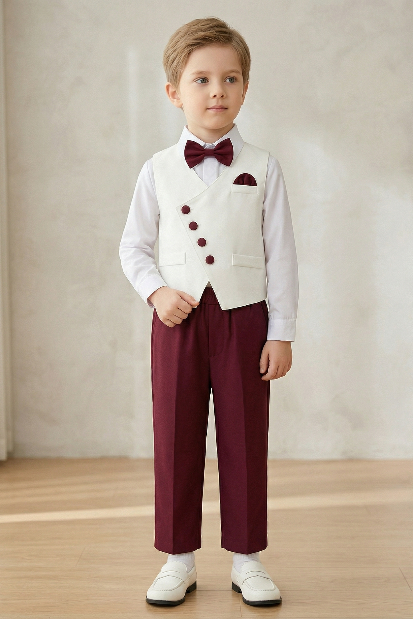 White And Burgundy Asymmetrical V-Neck 2-Piece Set