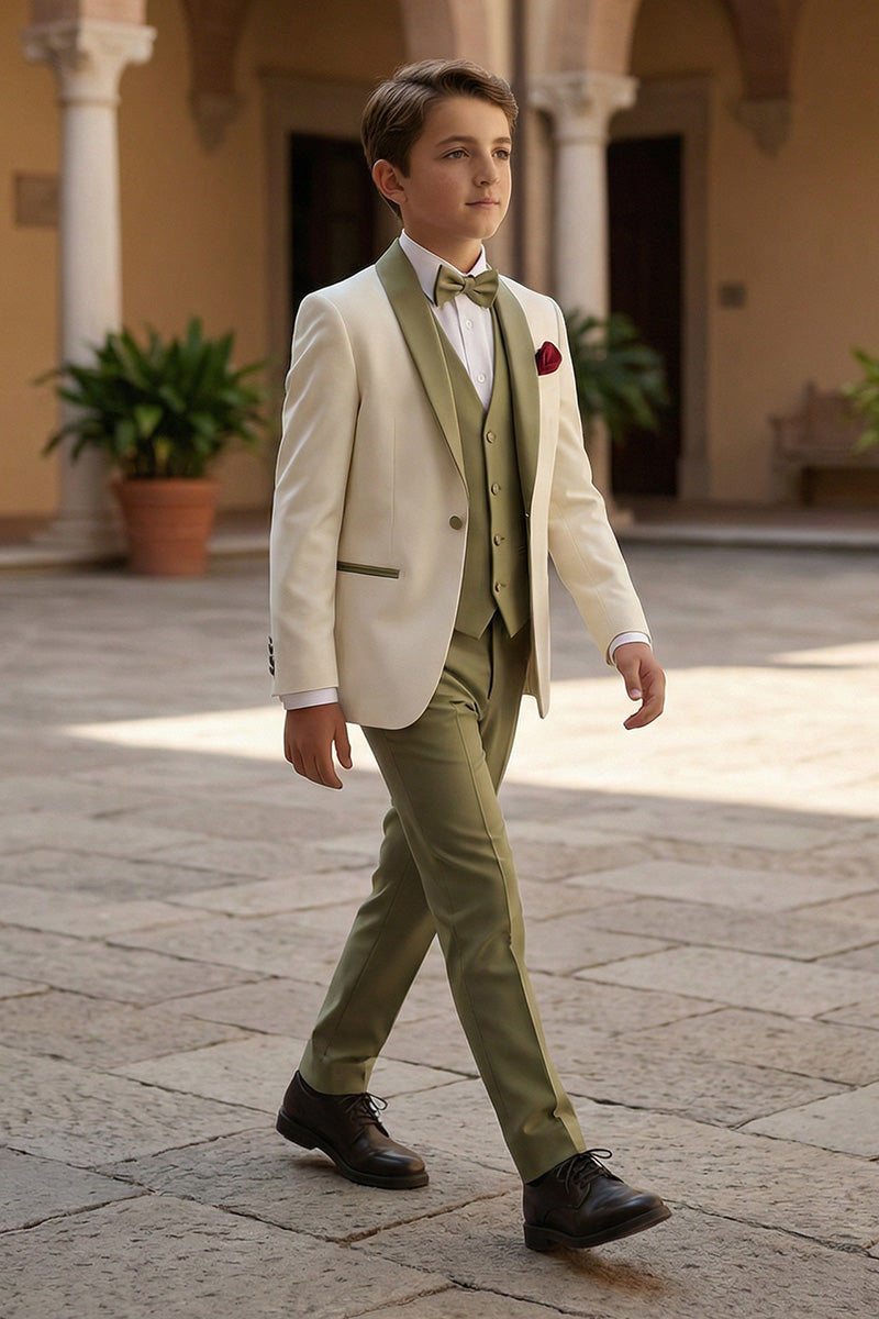 Boys Ivory & Olive Contrast 3-Piece Suit
