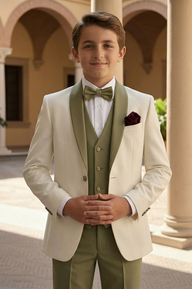 Boys Ivory & Olive Contrast 3-Piece Suit