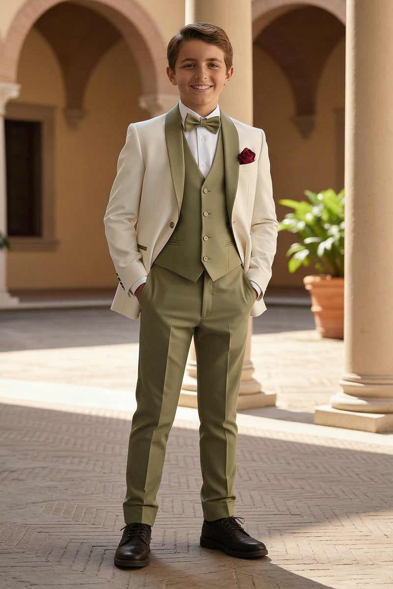 Boys Ivory & Olive Contrast 3-Piece Suit