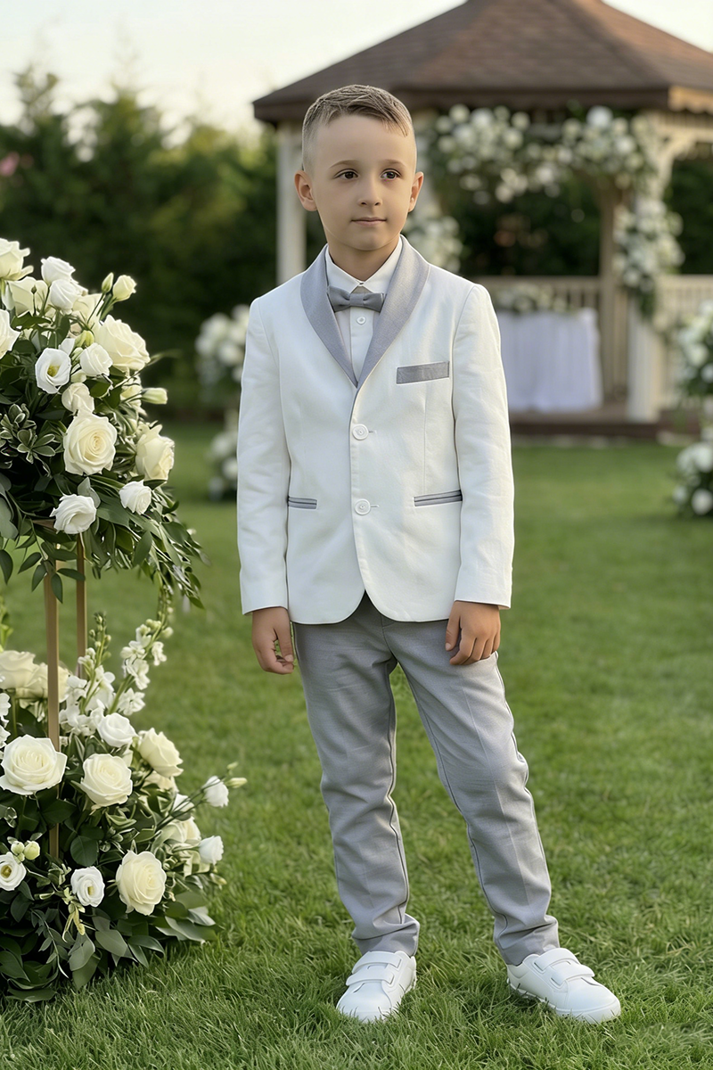 Boys White Linen Blazer & Grey Trousers 2-Piece Suit