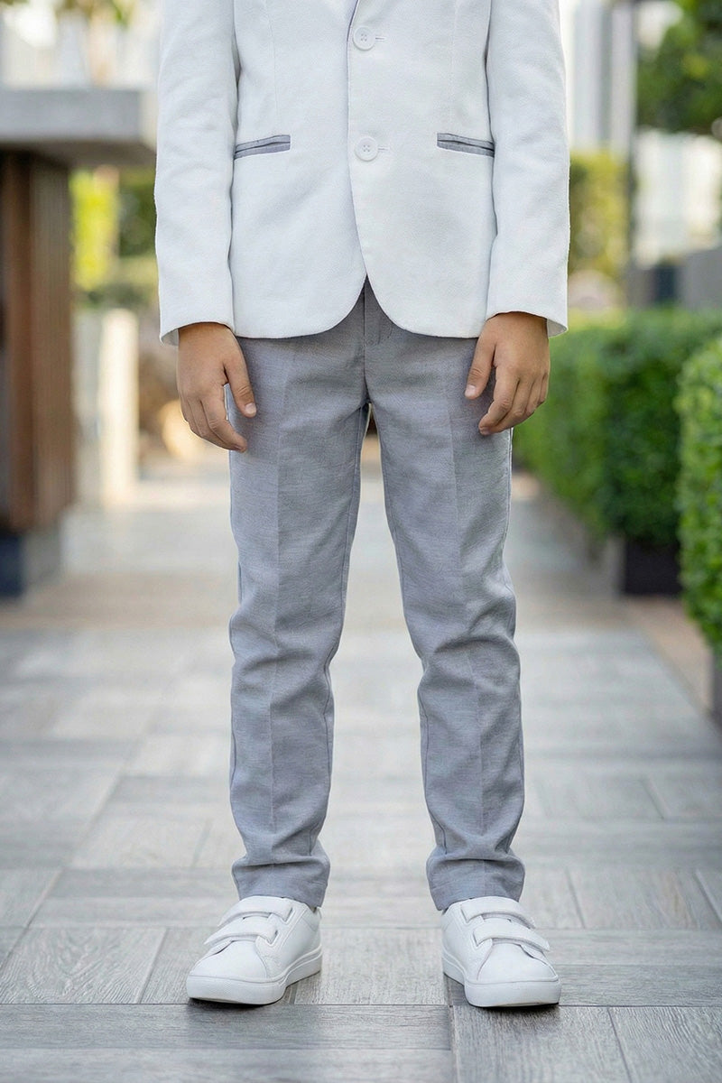 Boys White Linen Blazer & Grey Trousers 2-Piece Suit